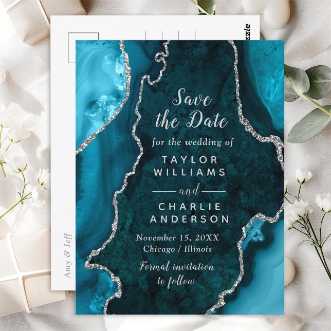 Teal and Silver Faux Glitter Agate Save The Date Postcard (Creator Uploaded)