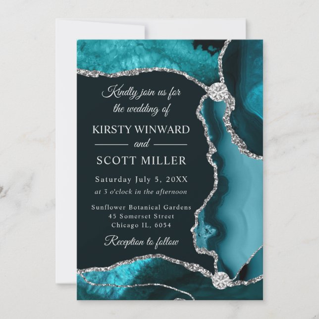 Teal and Silver Faux Glitter Agate Wedding Invitation (Front)