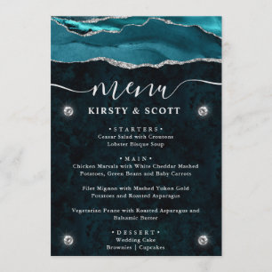 Teal and Silver Faux Glitter Agate Wedding Menu