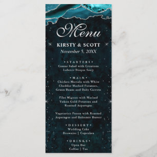 Teal and Silver Faux Glitter Agate Wedding Menu