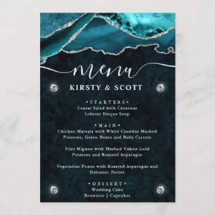 Teal and Silver Faux Glitter Agate Wedding Menu