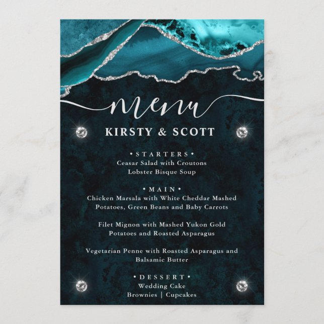 Teal and Silver Faux Glitter Agate Wedding Menu (Front)