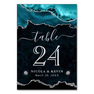 Teal and Silver Faux Glitter Agate Wedding Table Number