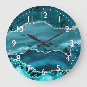 Teal and Silver Faux Glitter Marble Agate Large Clock