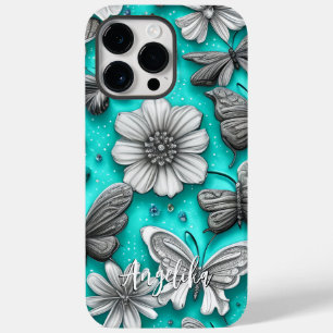 Teal and Silver Floral Butterflies Custom Name Case-Mate iPhone 14 Pro Max Case