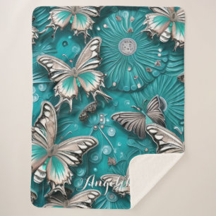 Teal and Silver Floral Butterfly Custom Name Sherpa Blanket
