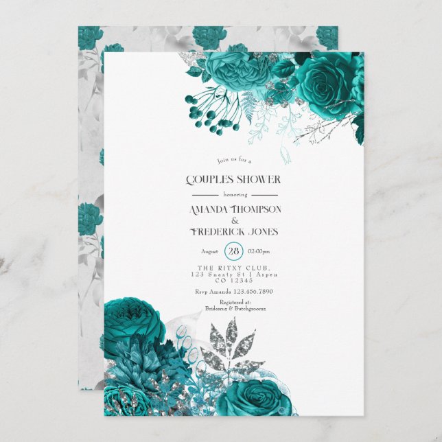 Teal and Silver Floral Couples Shower Invitation (Front/Back)