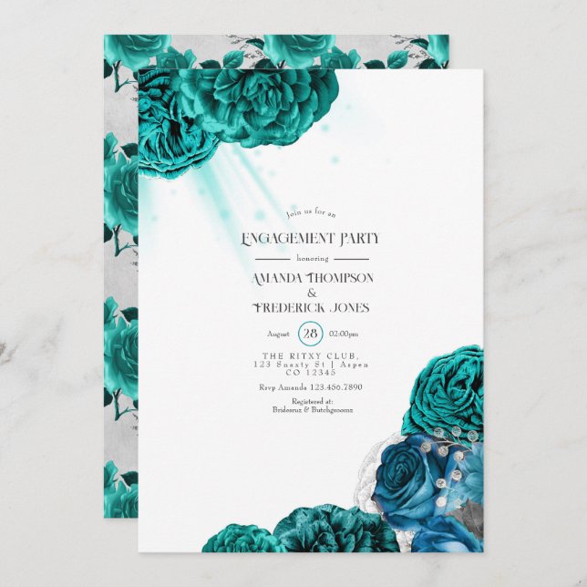 Teal and Silver Floral Wedding Engagement Party Invitation (Front/Back)