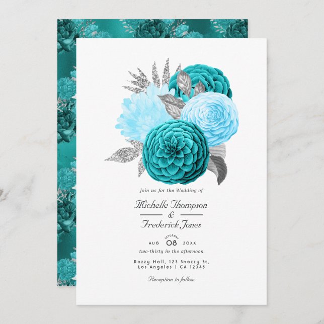 Teal and Silver Floral Wedding Invitation (Front/Back)
