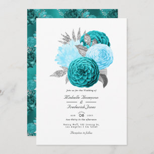 Teal and Silver Floral Wedding Invitation