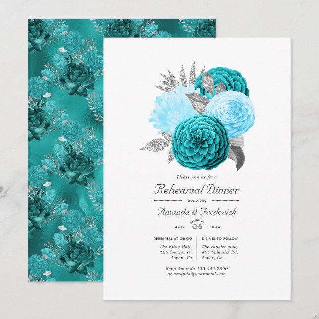 Teal and Silver Floral Wedding Rehearsal Dinner Invitation (Front/Back)