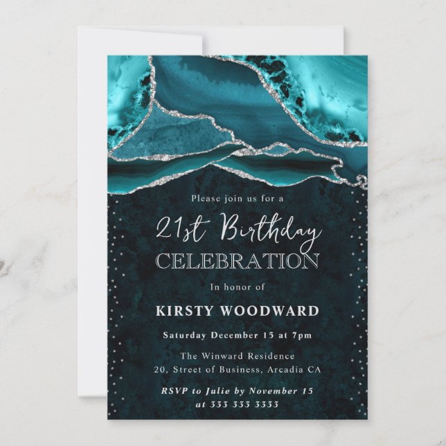 Teal and Silver Glitter Agate 21st Birthday Invitation (Front)