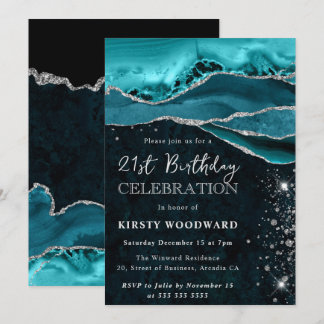 Teal and Silver Glitter Agate 21st Birthday Invitation