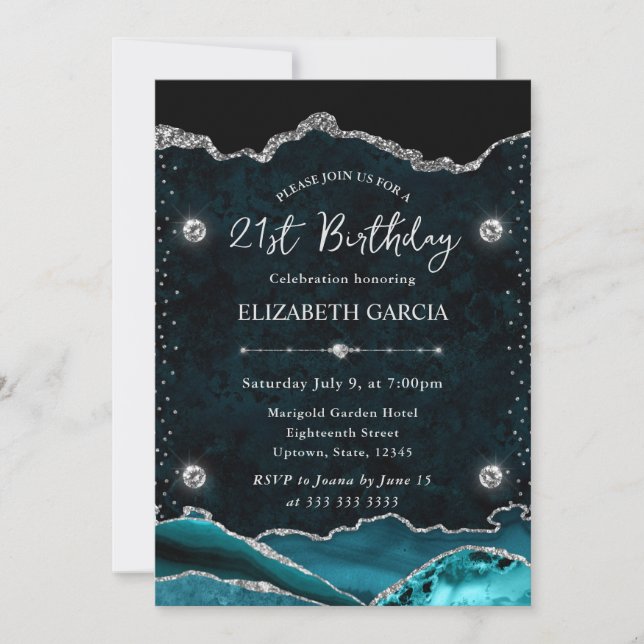 Teal and Silver Glitter Agate 21st Birthday Invitation (Front)