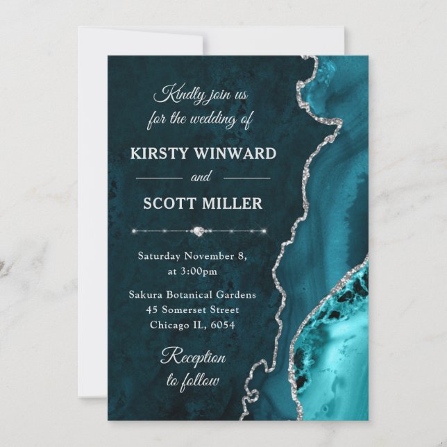 Teal and Silver Glitter Agate and marble Wedding Invitation (Front)