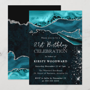 Teal and Silver Glitter Agate Birthday Invitation