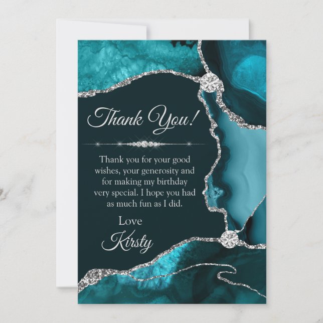 Teal and Silver Glitter Agate Birthday Thank You Card (Front)