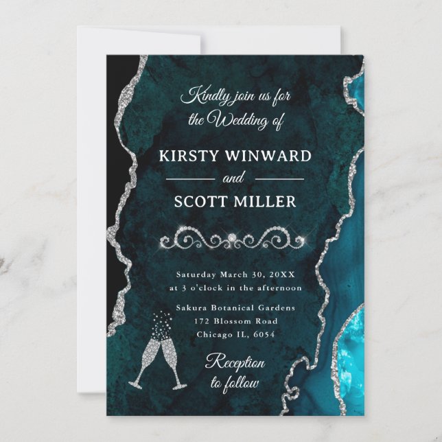 Teal and Silver Glitter Agate & Marble Wedding Invitation (Front)
