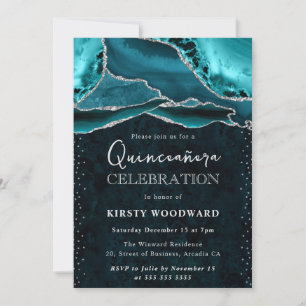 Teal and Silver Glitter Agate Quinceanera Invitation