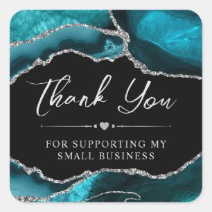 Teal and Silver Glitter Agate Small Business Square Sticker