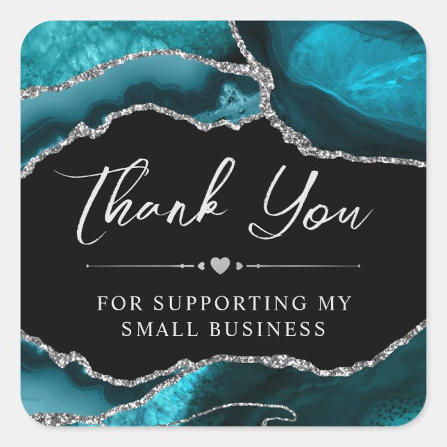 Teal and Silver Glitter Agate Small Business Square Sticker (Front)