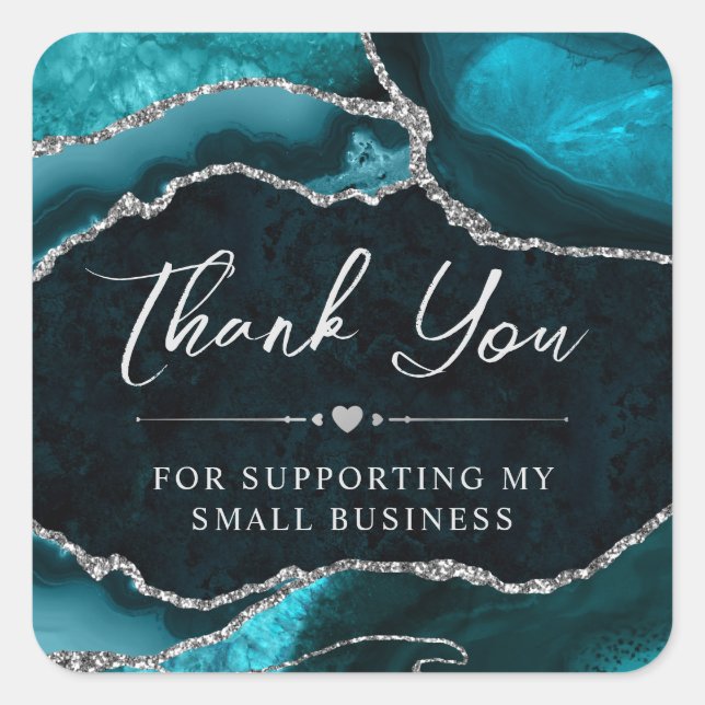 Teal and Silver Glitter Agate Small Business Square Sticker (Front)
