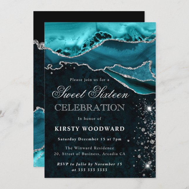 Teal and Silver Glitter Agate Sweet 16 Invitation (Front/Back)