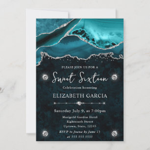Teal and Silver Glitter Agate Sweet 16 Invitation