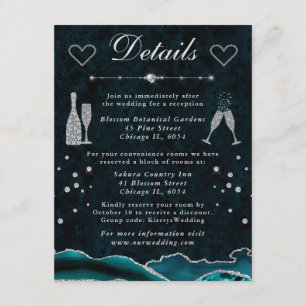 Teal and Silver Glitter Agate Wedding Details Enclosure Card