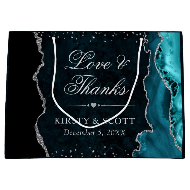 Teal and Silver Glitter Agate Wedding Large Gift Bag (Front)
