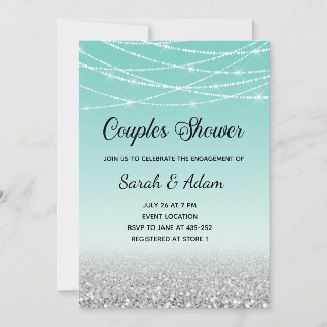 Teal and Silver Glitter Couples Shower Invitation (Front)
