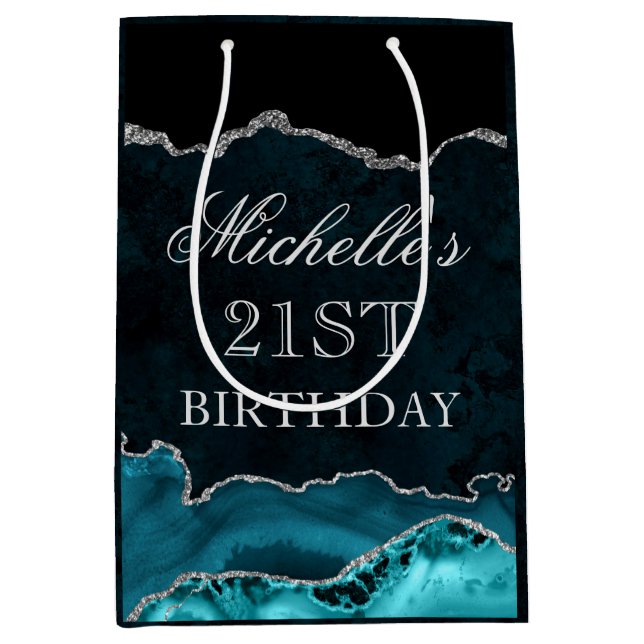 Teal  and Silver Glitter Marble Agate Birthday Medium Gift Bag (Front)