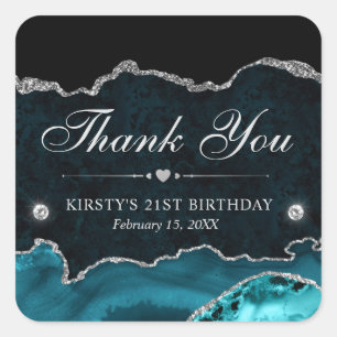 Teal and Silver Glitter Marble Birthday Party Square Sticker