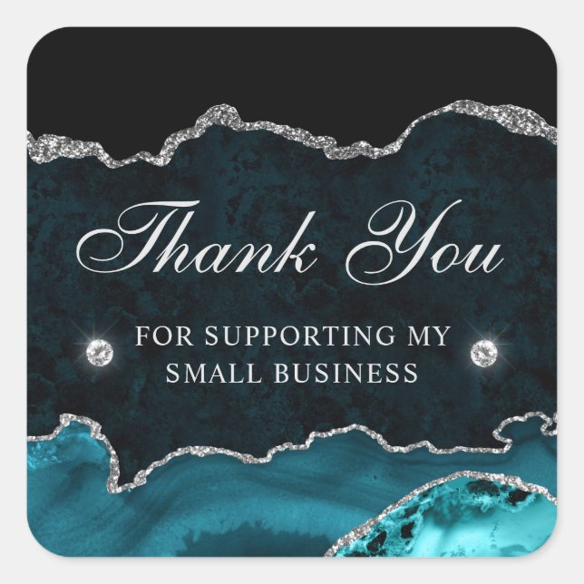 Teal and Silver Glitter Marble Small Business Square Sticker (Front)