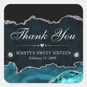 Teal and Silver Glitter Marble Sweet Sixteen Square Sticker