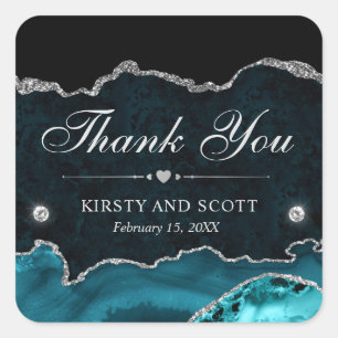 Teal and Silver Glitter Marble Wedding Square Sticker