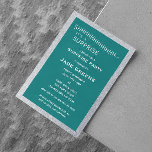 Teal  and Silver Glitter Surprise Party Birthday Invitation