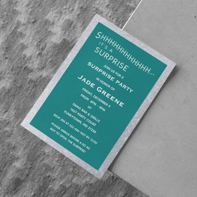 Teal and Silver Glitter Surprise Party Birthday Invitation (Creator Uploaded)