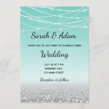 Teal and Silver Glitter Wedding Invitation