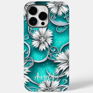 Teal and Silver Modern Abstract Flowers Case-Mate iPhone 14 Pro Max Case