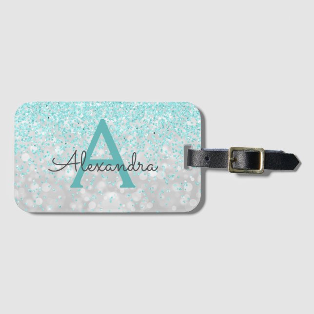 Teal and Silver Monogram Name and Initial Luggage Tag (Front Horizontal)
