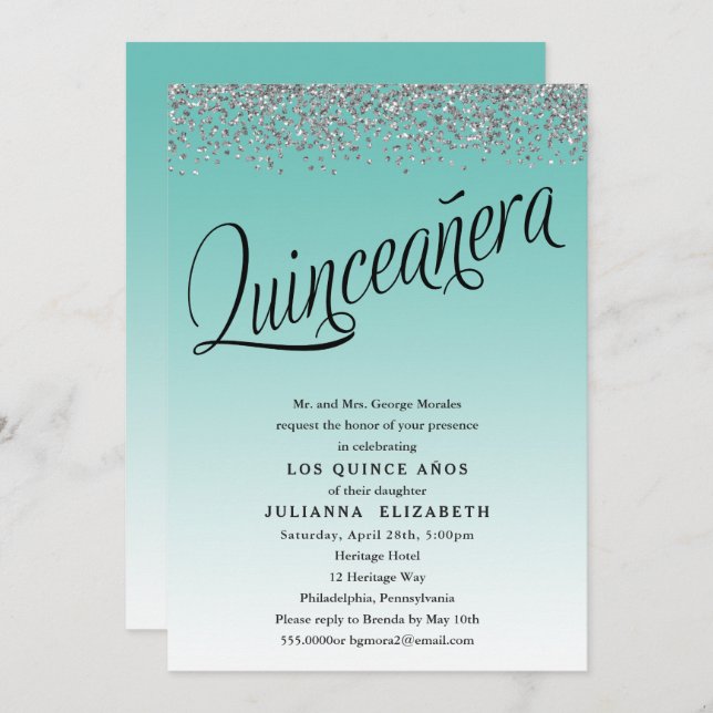 Teal and Silver Quinceanera Birthday Invitation (Front/Back)