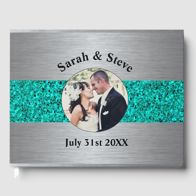 Teal and Silver Sparkle Wedding Photograph Guest Guest Book (Front)