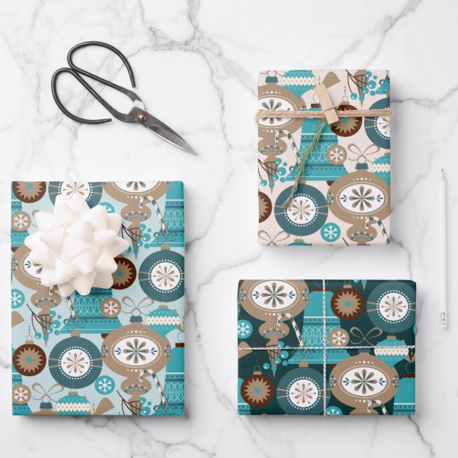 Teal And Tan Christmas Ornaments Wrapping Paper Sheet (Front)