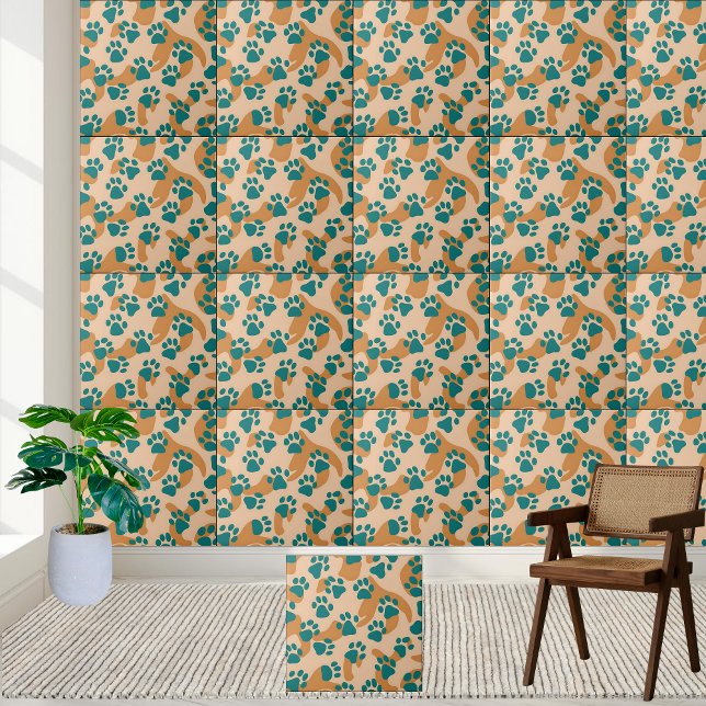 Teal and Tan Paw Print Pattern Tile (Teal and Tan Paw Print Pattern Tile)