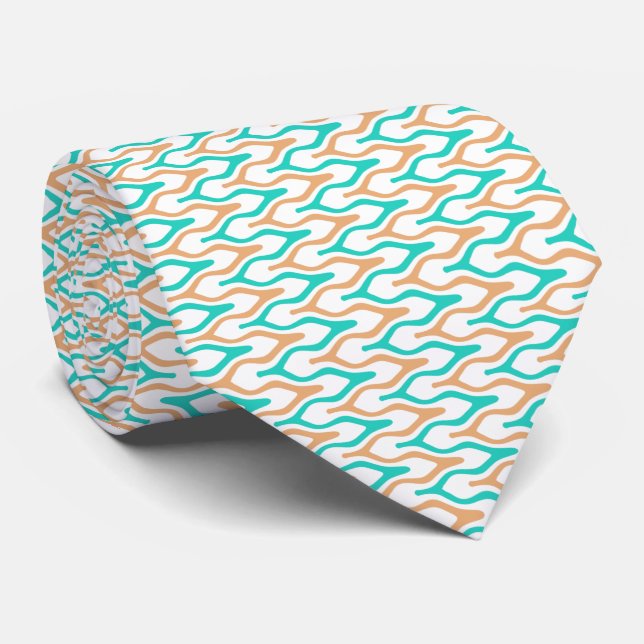 Teal and Tan Wavy Chevron Pattern Tie (Rolled)