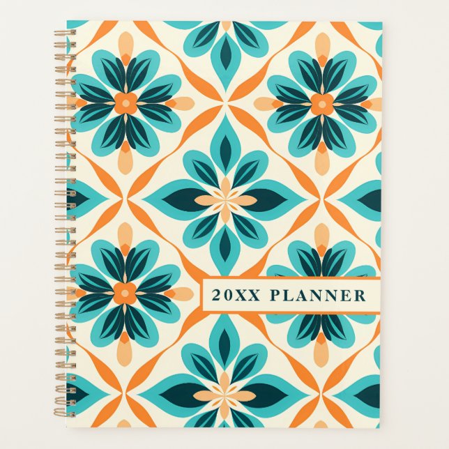 Teal and Tangerine Mid-Century Floral Planner (Front)