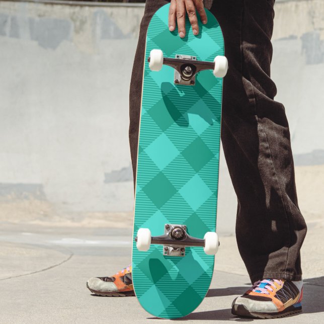 Teal And Turquoise Gingham Plaid Design  Skateboard (Creator Uploaded)