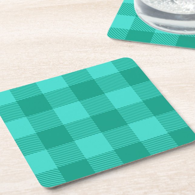 Teal And Turquoise Gingham Plaid Design  Square Paper Coaster (Creator Uploaded)