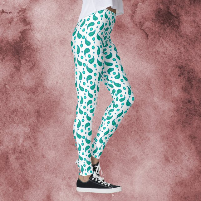 Teal and Turquoise Paisley Pattern Floral Print Leggings (A pair of leggings with a blue & green boho floral paisley pattern.)